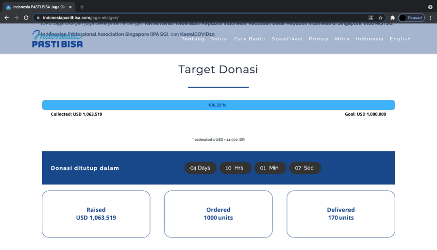 IDPB Jaga Oksigen Berhasil Menggalang Dana US$ 1 juta dalam 10 hari